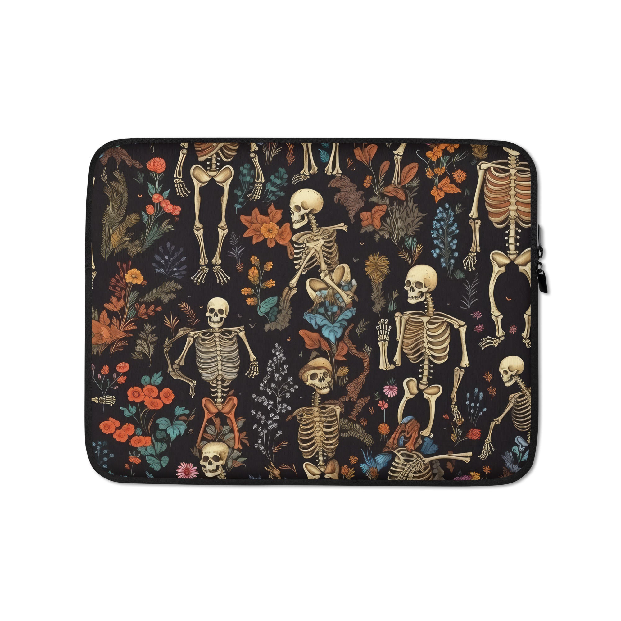 pochette ordinateur portable noir avec des squelettes vintages et des fleurs