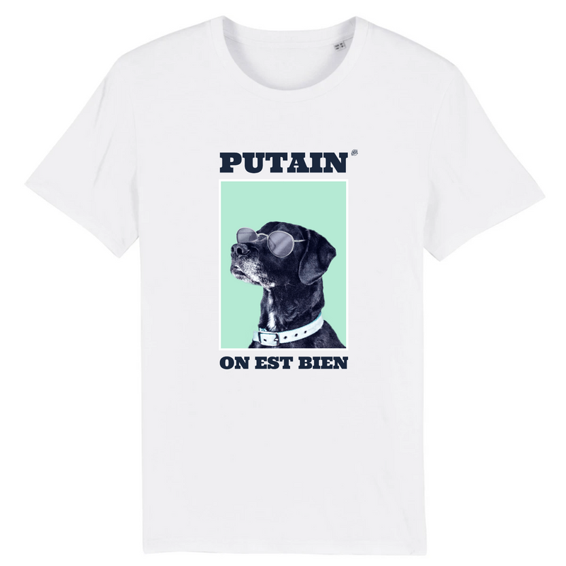 teeshirt humour chill putain on est bien avec un chien a lunettes