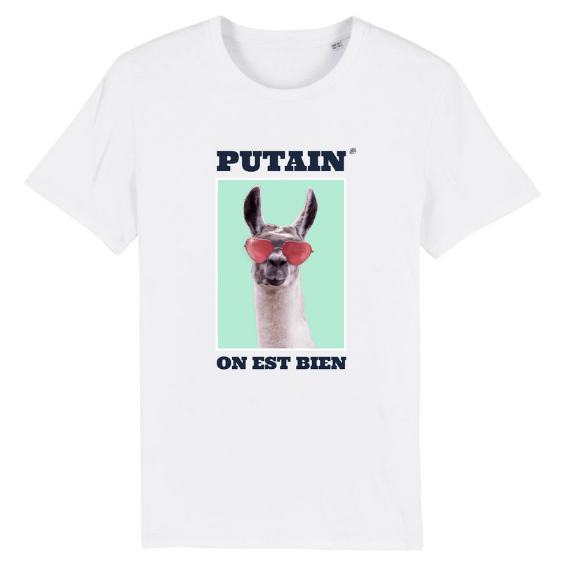 teeshirt humour chill putain on est bien avec un lama à lunettes