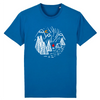 tshirt homme bleu avec un dessin de camp scout au clair de lune et un feu de camp