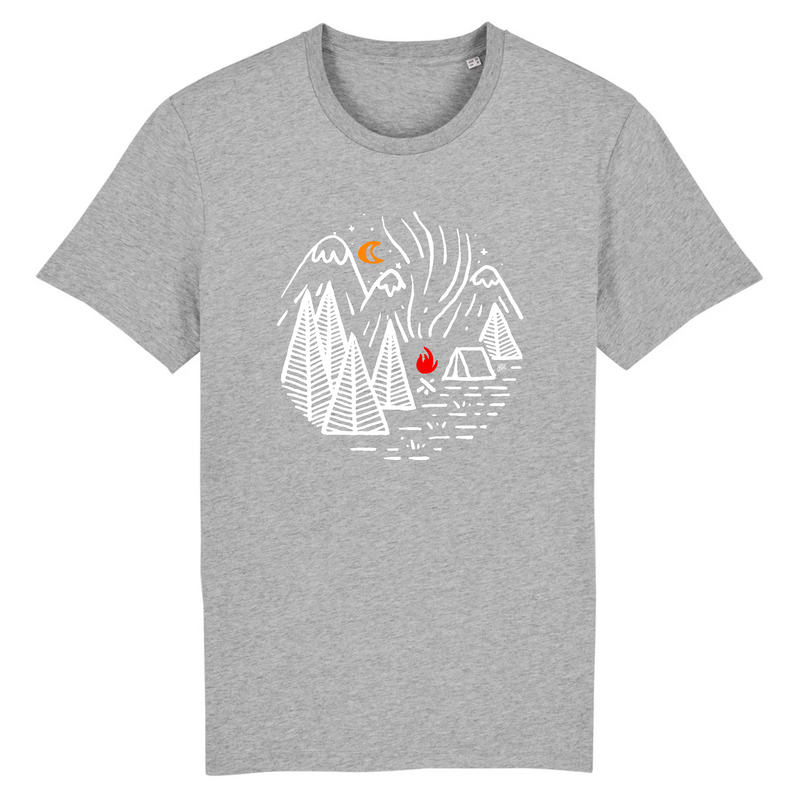 tshirt noir avec un dessin de camp scout au clair de lune et un feu de camp