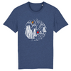 Tshirt homme bleu indigo avec un dessin de feu de camp scout au clair de lune dans les montagnes